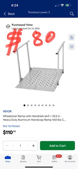 VEVOR Wheelchair Ramp with Handrails 44.9 × 33.5 in Heavy Duty Aluminum Handicap Ramp 440 lbs C..
