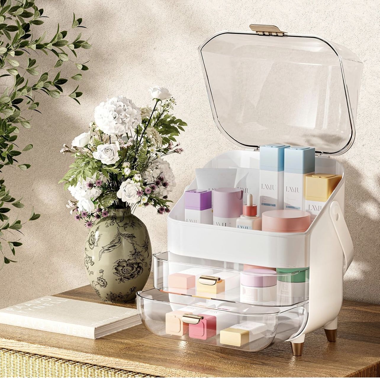 Makeup Organizer for Vanity, Skincare Organizer with Lid and Drawers, Bathroom Counter Organizer, Makeup Storage, Large Cosmetic Display Case for  Bra