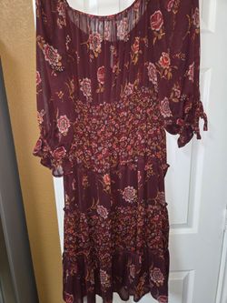 Burgundy Floral Tiered Midi/Maxi Dress – Boho Style / Size Large