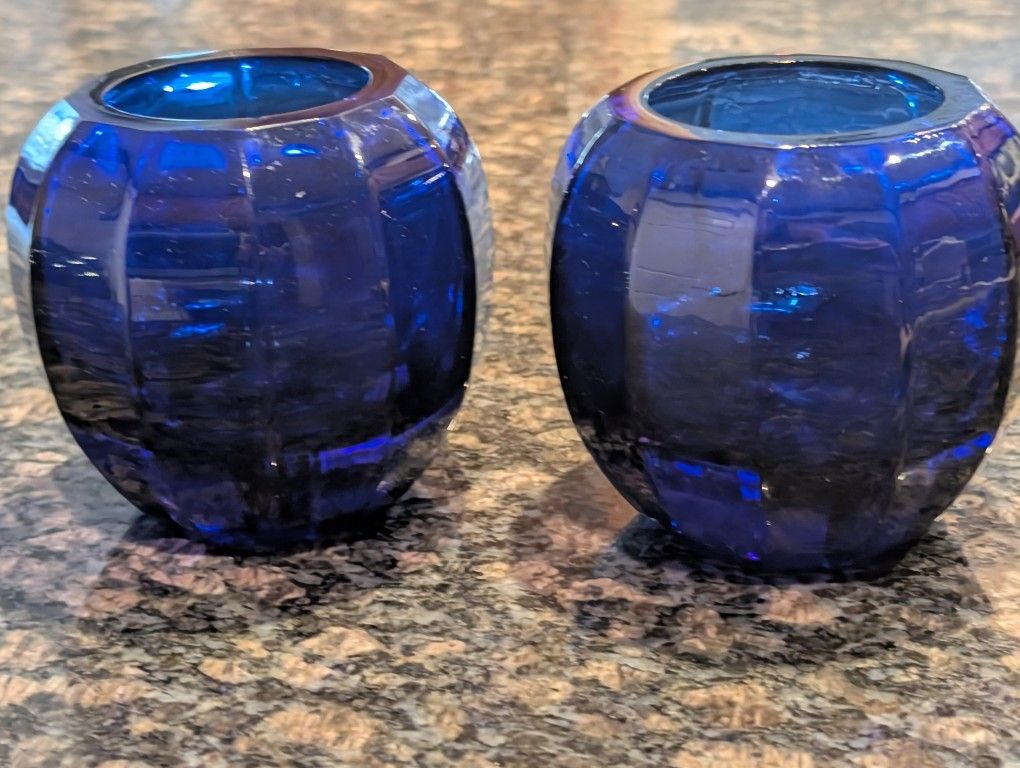 VINTAGE GARDENERS EDEN COBALT BLUE GLASS RIBBED TEALIGHT CANDLE HOLDERS Set Of 2 💙