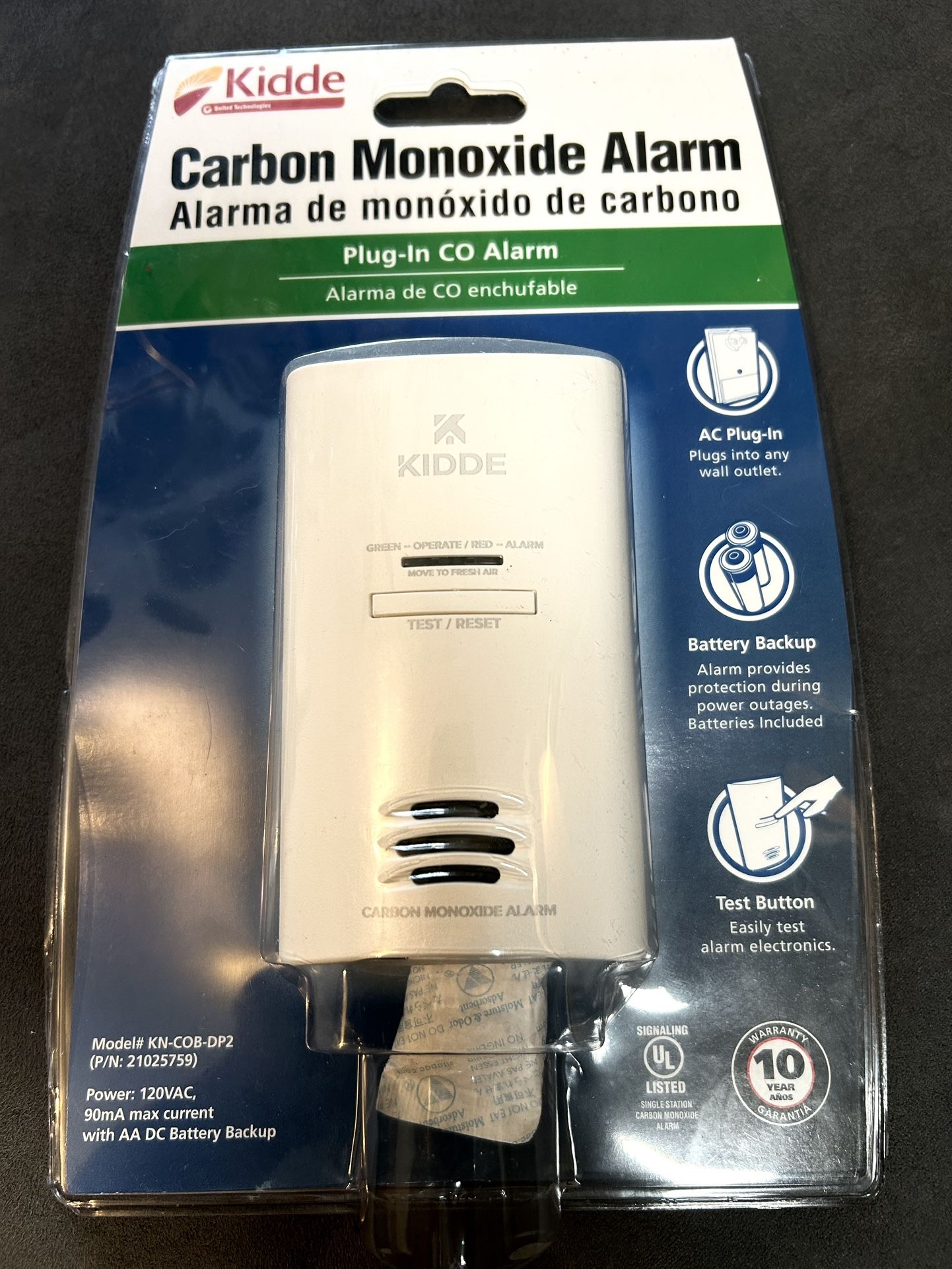 Kidde KN-COB-DP2 Carbon Monoxide Alarm AC Powered PlugIn w/ Battery Backup
