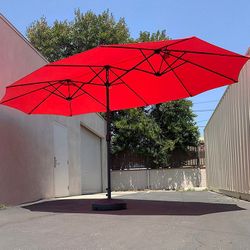(NEW) $130 Large 15FT Double Sided Outdoor Umbrella w/ 65 LBS Plastic Weight Base (Red/Gray)