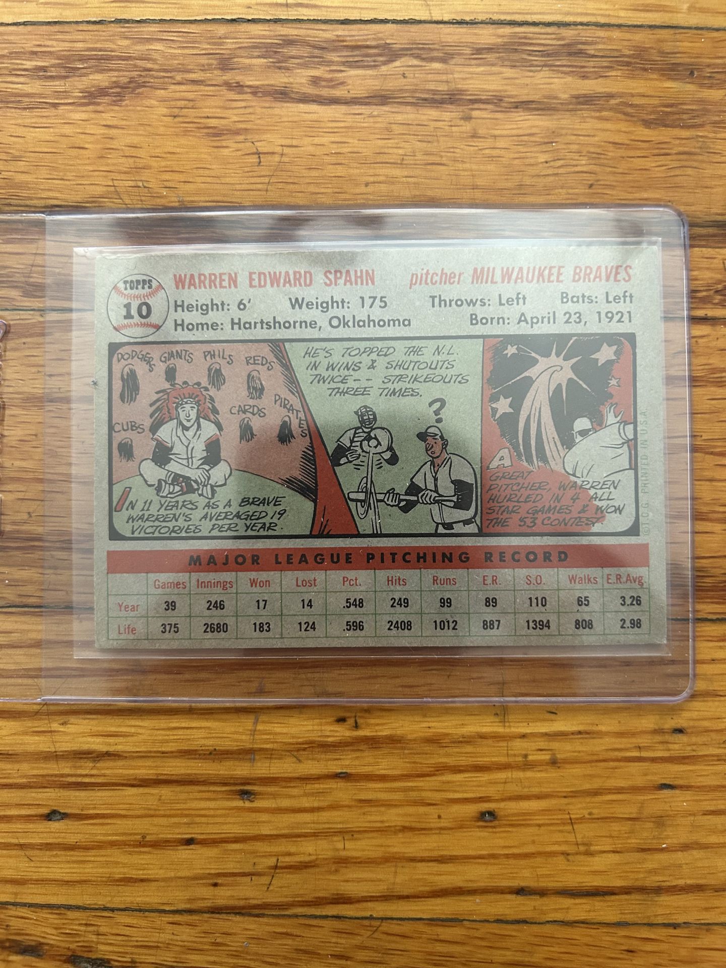 1956 Topps #10 Warren Spahn Card Great Condition