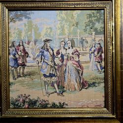 Vintage Belgian Jacquard Tapestry French Rococo Gallant Outdoor Scene Gold  Frame 13"×13"
