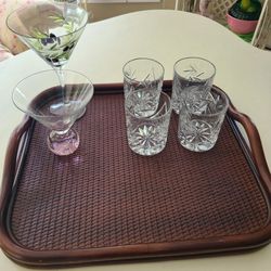 Vintage Bent wood Rattan Bamboo MCM Rectangular Large Serving Tray W/Handles Barware