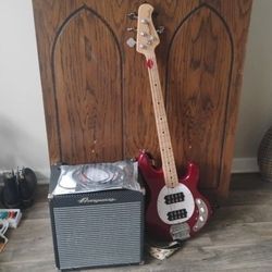 Cherry Red Sterling Stingray Bass Guitar And Amp