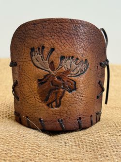 Vintage Hand Tooled Leather Glass Sleeve | Moose Tumbler Wrap | Lowball Wrap | Koozie Cabin Decor