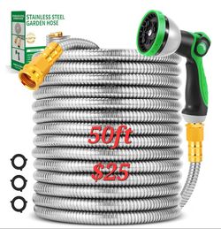 Water Hose 50ft, Flexible Stainless Steel Garden Hose with 10-Function Nozzle, No-Kink, Leak-Proof, Anti-Pets, Wear-Resistant, 3/4 GHT, Easy to Use an