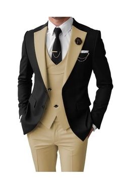 Men's Black & Beige Two-Tone three-piece Suit Jacket and Vest Set