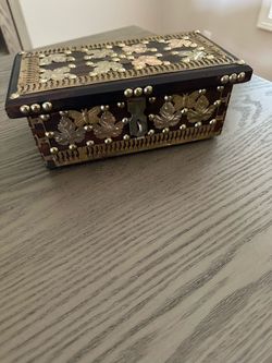 Vintage Persian Handcrafted Wood & Brass Inlay Jewelry Box – Floral & Butterfly Motif – Bought in Iran
