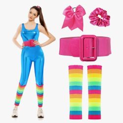 Women Doll Costume Accessories Set Unitard 80's Party Knit Leg Warmer, Patent Leather Belt, Bow Hair Tie, XL