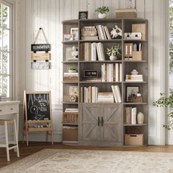 75" Tall Book Shelf and Bookcase, 6 Tier Bookshelf with Storage, 47" Wide Bookcase with Door, Freestanding Wood Display Shelves with Book Storage Cabi