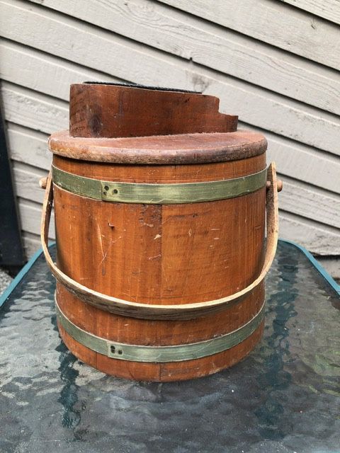 Two Vintage Wood Shoe Shine Wooden Buckets Pail Round Barrel with Lid and Handle
