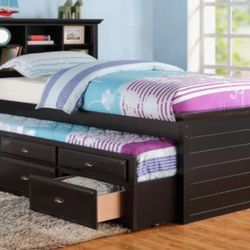 Brand New Black Twin Size Bed w Trundle Bed + Drawers