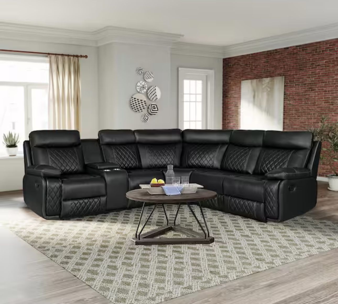 New Black Leather Fully Reclining Sectional Couch 