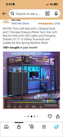 DICTAC Twin Metal Loft Bed with Desk and Drawers