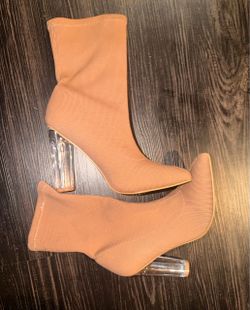 Nude Sock Boots with Clear Block Heel
