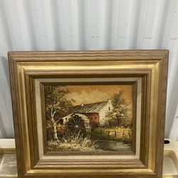 Vintage Oil Painting Of A Watermill Landscape