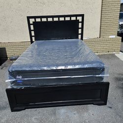 Black Queen Size Solid Wood Belcourt Bed Frame With Brand New Queen Size Plush Pillow Top Sealy Posture Pedic Mattress And Box Spring In Plastic 