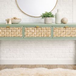 Sage Green Rattan Console Table – Modern Coastal Entryway Table