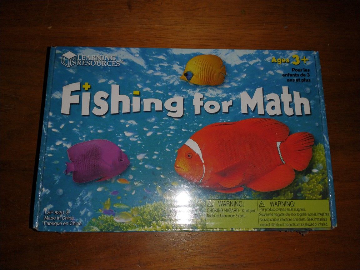Fishing for math by learning resources ages 3+
Brand new sealed
4 double sided cards
15 magnetic fish cards
Magnetic fishing pole
Activity guide