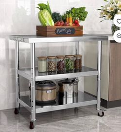 Stainless Steel Table, 36" X 24" Work Table with Wheels, 3 Shelves