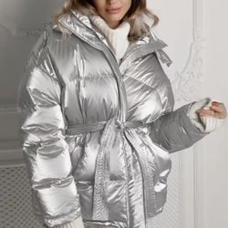 Silver Woman Puffer With Belt Size M