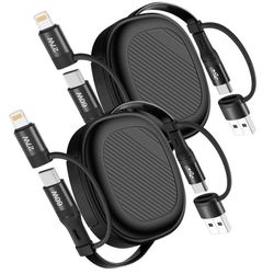 new 5 in 1 Retractable iPhone Fast Charging Cable, 2Pack 60W Multi Charging Cable 3.8Ft Multiple Lightning Charger Cord with USB-A/C to C/L Port for i