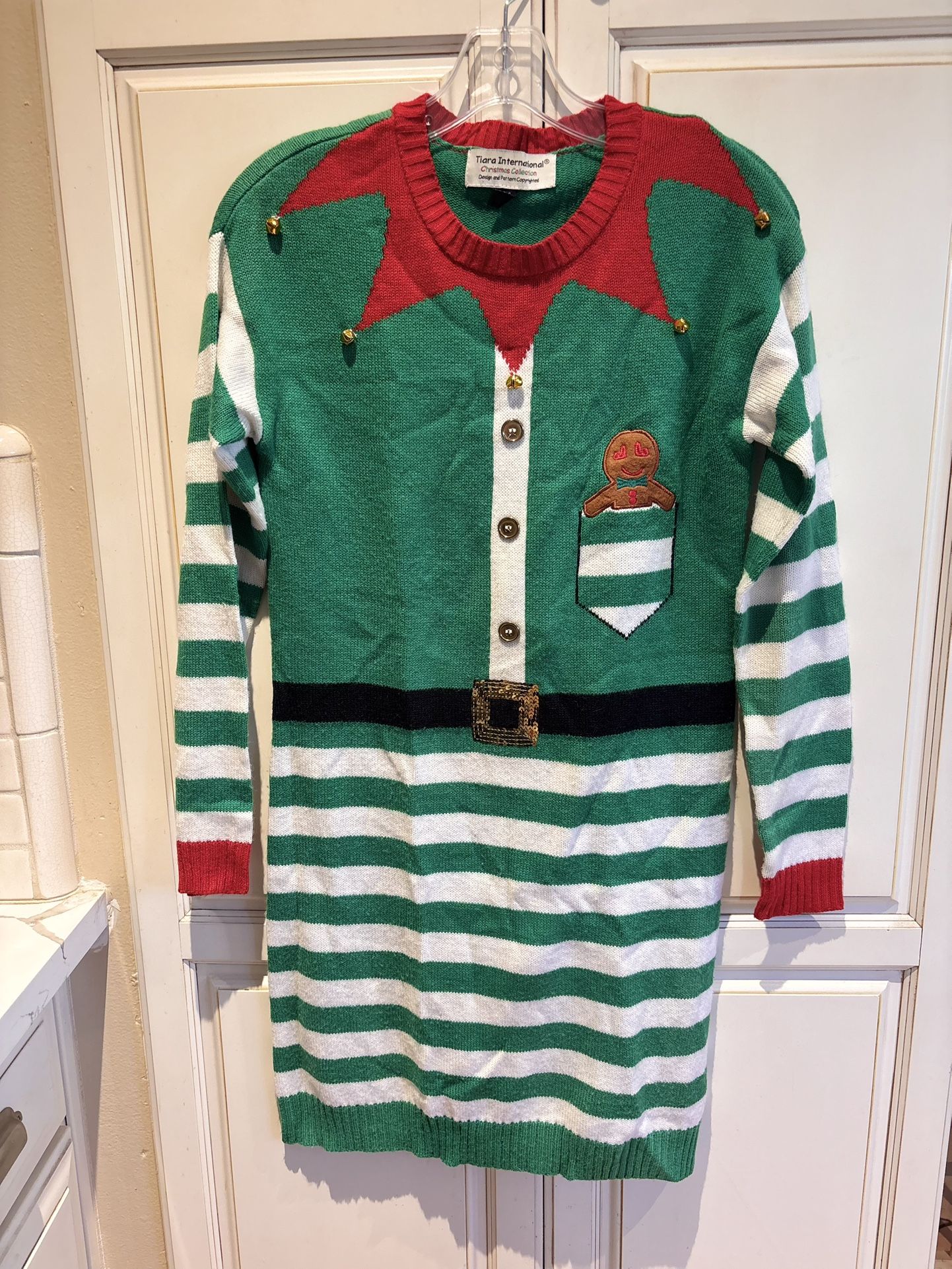 Tiara International Christmas Collection Sweater Dress size S gingerbread sequin faux belt bells on collar