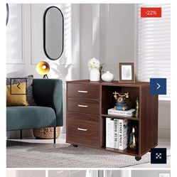  3 Drawer Wood File Cabinet, Mobile Lateral Filing Cabinet,Rolling Printer Stand with Open Storage Shelves, Brown