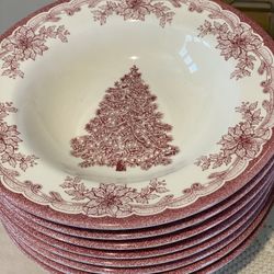 Staffordshire “Yuletide Engravings” Red / Pink Christmas Tree Dishes