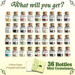 Crystals for Witchcraft, 36 Bottles Mini Gemstones Witch Stuff Spell Jars Set Crystal Chips for Wicca and Beginners, Crystals and Healing Stones
