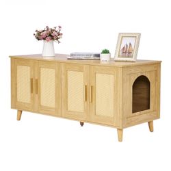 Homhedy Boho Cat Litter Box Enclosure for 2 Cats, Wooden Cat Washroom Furniture with Double Rattan Decorated Doors, Pet House,47.2”L x 19.7”W x 21.7”H