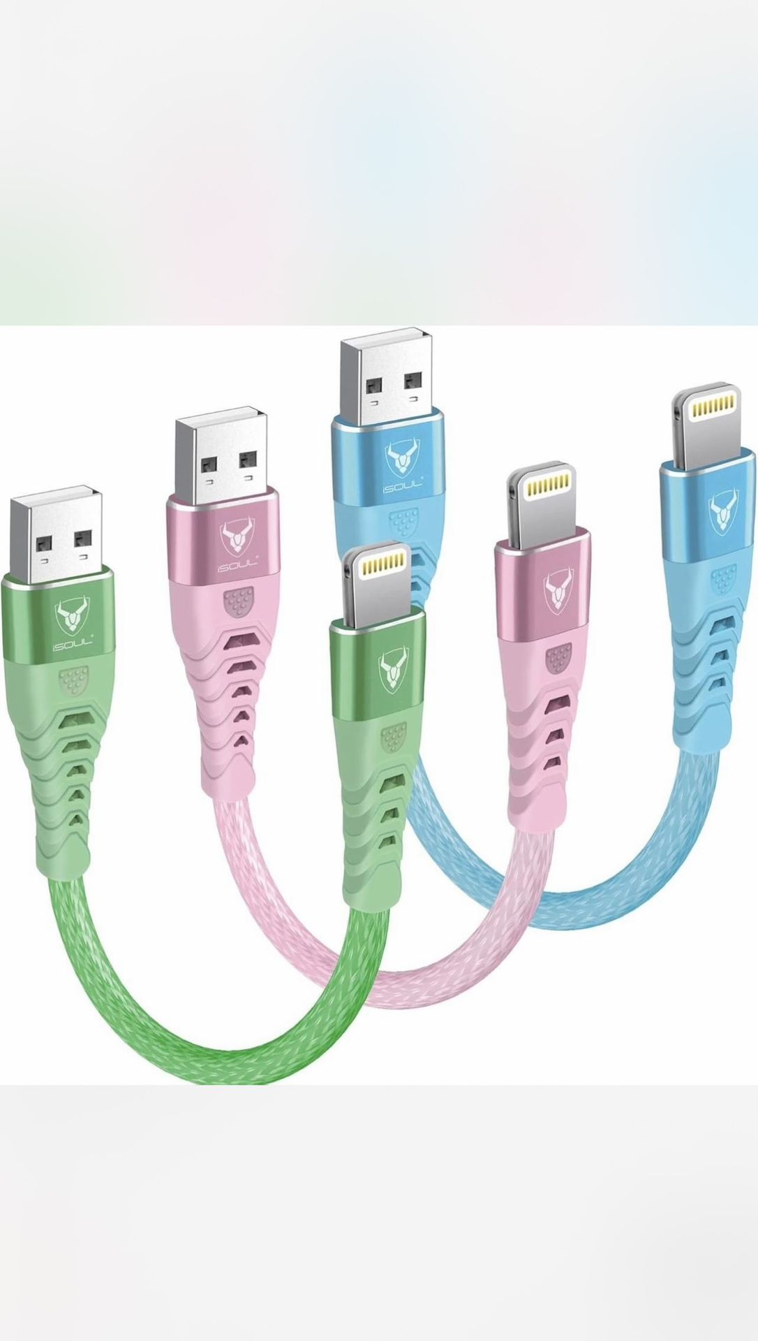 6” USB to Lightning Charging Cable Set - Green, Pink, Blue Pack of 3