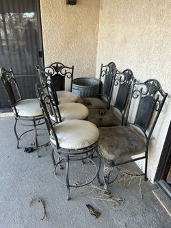 Rod Iron Indoor It Patio Furniture 4 Bar Stools Four Chairs With A Round Glass Table For Four And A Bakers Rack The Chairs Need Postering .