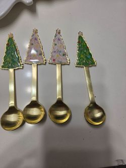 Christmas Tree Enamel Gold Spoons Set of 4