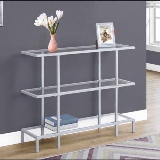 Brand New Designer Hall Console Storage with Glass Top & Shelves and Metal Frame