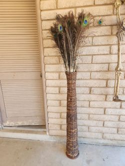 46" Rattan Floor Vase filled with Peacock Feathers