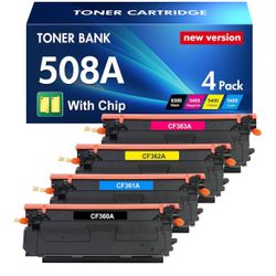 Brand: Toner Bank 508A 508X M553 Toner Cartridge Set 4 Pack Replacement for HP 508A M553 508X CF360A CF361A CF362A CF363A for HP Enterprise M553dn M57