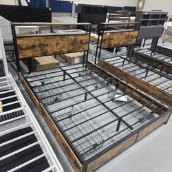 New Queen Bed Frame with 2-Tier Storage Headboard, Metal Platform Bed Frame with 4 Storage Drawers, Built in Charging Station & LED, Noise-Free/Metal 