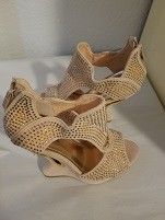 ALBA Brown Suede Multi Color Rhinestone Open Toe Ankle Zip Wedge