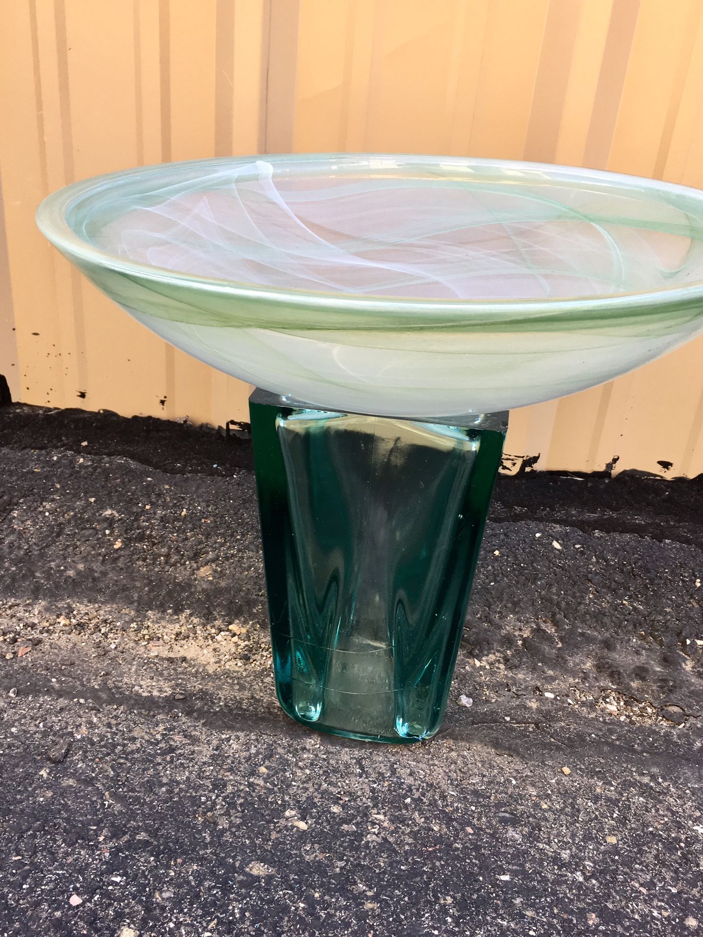 Bird Bath or Feeder green glass dish and base 14" h