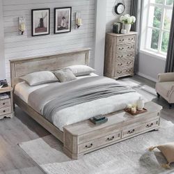 Farmhouse Bed Frame w/ Headboard & Storage Bench, Wood Platform Bed - Light Rustic Oak - King  The overall design style of the bed favors a retro mini