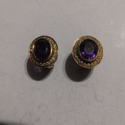 14K Yellow Gold Diamonds And Amethyst Earring Used