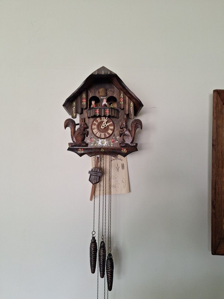 Vintage Black Forest Cuckoo Clock With Dancers & Pinecone Weights