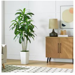 Artificial Dracaena Tree Artificial Silk Tree Faux Tree with White Tall Planter Fake Tropical Yucca Floor Plant (1, White Tall Planter, 5 FT)
