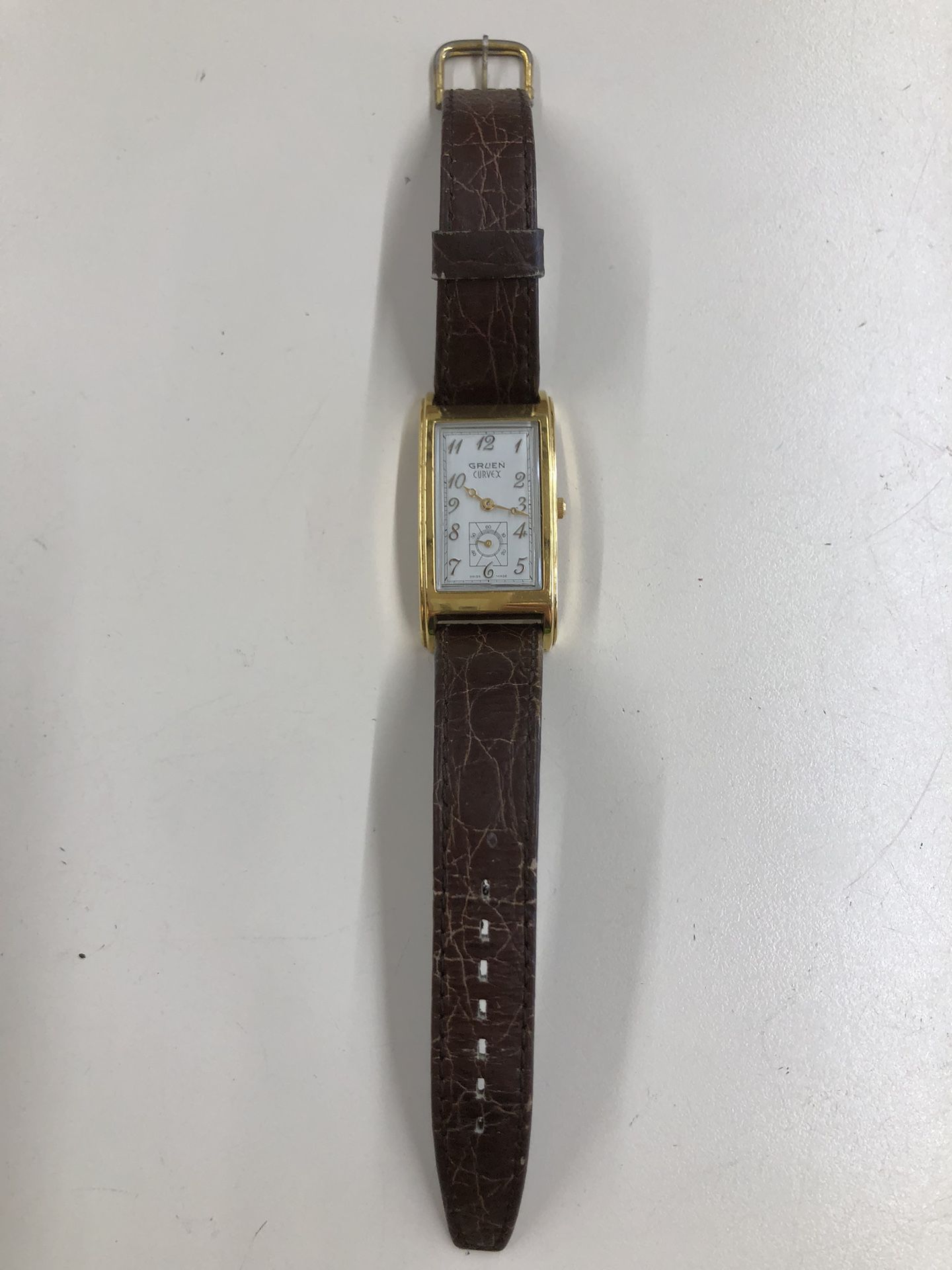 Gruen Swiss White Dial Gold Tone Case Brown Leather Band Watch