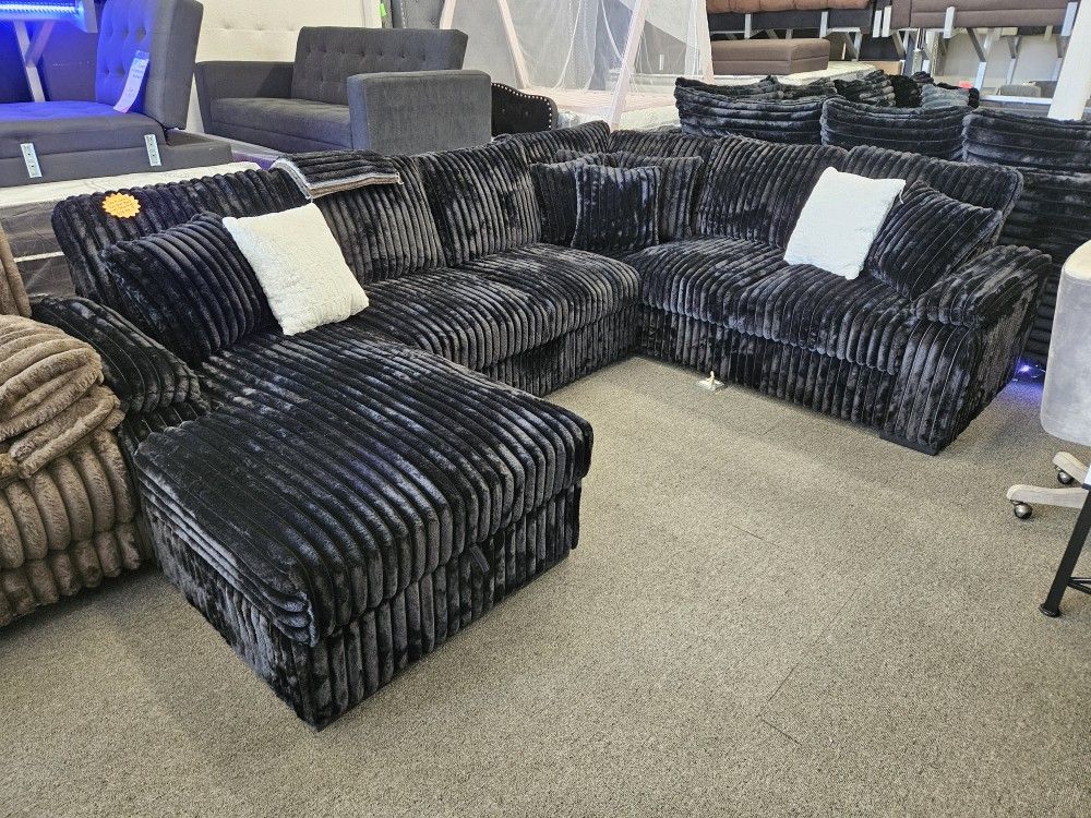 Brand New Sectional Corduroy Fabric Black Color Pull Out Bed & Storage Chaise $1499 FLOOR MODEL