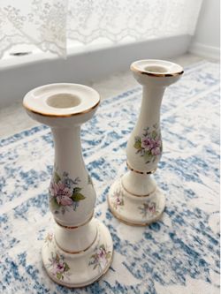 Maryleigh Pottery Handcrafted in England Pair of Floral Candle Holders