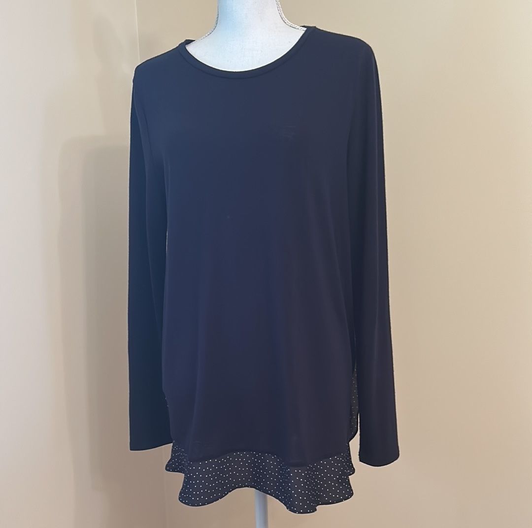 Loft Round Neck Mixed Media Sweater w/Polka dot portion at hem; Large; Navy